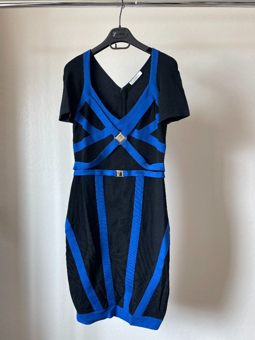 Versace knit dress with logo buckle, Black with Blue contrast trim, Size 42